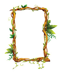 Liana frame with tropical leaves and twisting vines. Ideal for jungle themes. Vector cartoon illustration
