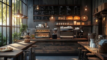 A stylish coffee shop with ambient lighting, a latte, and a fresh pastry displayed on a rustic table