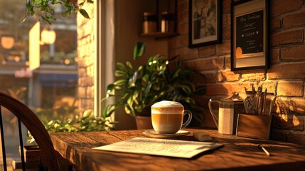 Fototapeta premium A tranquil coffee shop corner with soft lighting, a journal, and a latte with delicate foam art