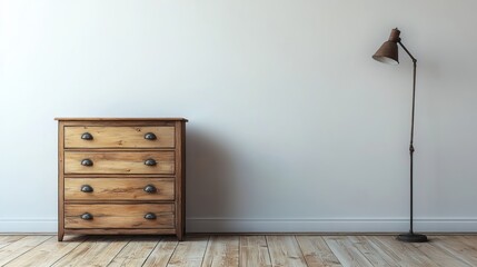 Cozy Minimalist Room with Wooden Drawer Chest and Stylish Lamp