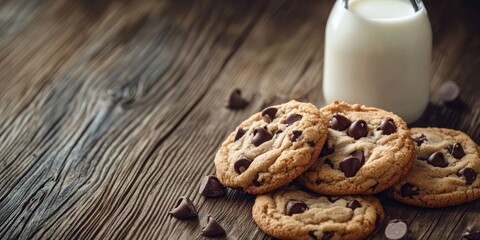 Freshly baked chocolate chip cookies with chocolate chips on a rustic wooden table next to a glass of milk offering a warm bakery atmosphere.