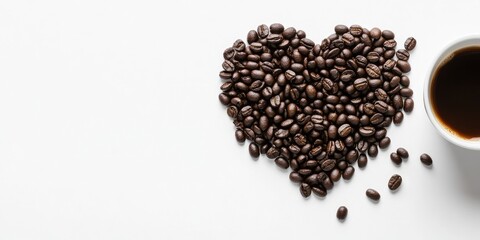 Heart-shaped arrangement of dark roasted coffee beans alongside a white coffee cup filled with black coffee on a white background.