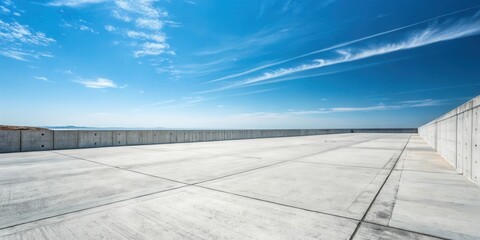 Vast concrete expanse under a brilliant blue sky with wispy clouds