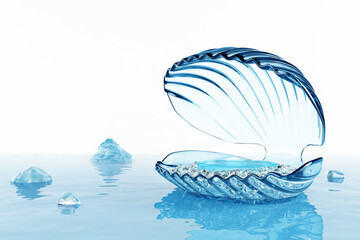 Blue glass or crystal shell pedestal and podium luxury pearl with iceberg cold on water sea or ocean white fog background. display product cosmetic beauty or skincare advertisement. 3D Illustration.