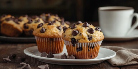 Freshly baked chocolate chip muffins on a white plate with coffee cup and chocolate chips on a rustic wooden table with warm tones.