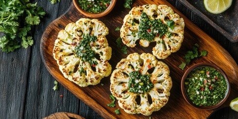 Grilled cauliflower steaks with cilantro lime chimichurri on a wooden platter overhead view vibrant greens and yellow tones with rustic textures