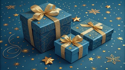 Three Teal Presents with Gold Ribbon and Star Decorations on Dark Blue Background