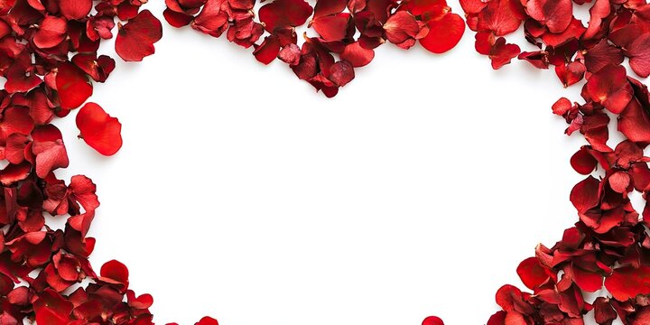 Heart-shaped frame made of red rose petals on white background creating ample copy space for Valentine's Day love-themed card design.