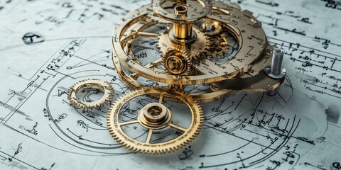 Naklejka premium Intricate Gold Gears Resting on Detailed Mechanical Drawings