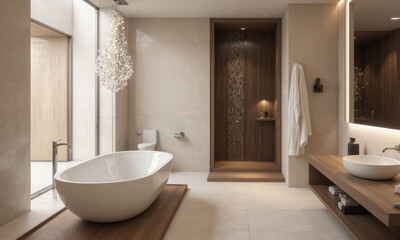 Fototapeta premium Futuristic bathroom with Mocha Musse accents featuring a floating smart bathtub with integrated mood lighting and a self-cleaning water filtration