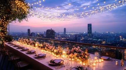 Fototapeta premium A sparkling rooftop party with fairy lights, elegant table settings, and a city view