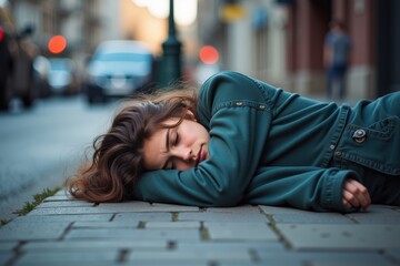 Serene Woman Resting on City Street