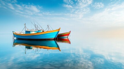Fototapeta premium Colorful fishing boats anchored near Karamitsi Beach, with the sun reflecting off the calm waters.