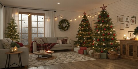 Cozy Christmas Living Room with Decorated Trees and Festive Lighting