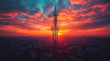 Telecom Tower Rising Amidst Sprawling Cityscape Connecting Digital Networks