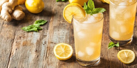 Fototapeta premium Refreshing ginger lemonade cocktail in tall glasses garnished with lemon slices and mint leaves on a rustic wooden table, featuring yellow tones and ice.