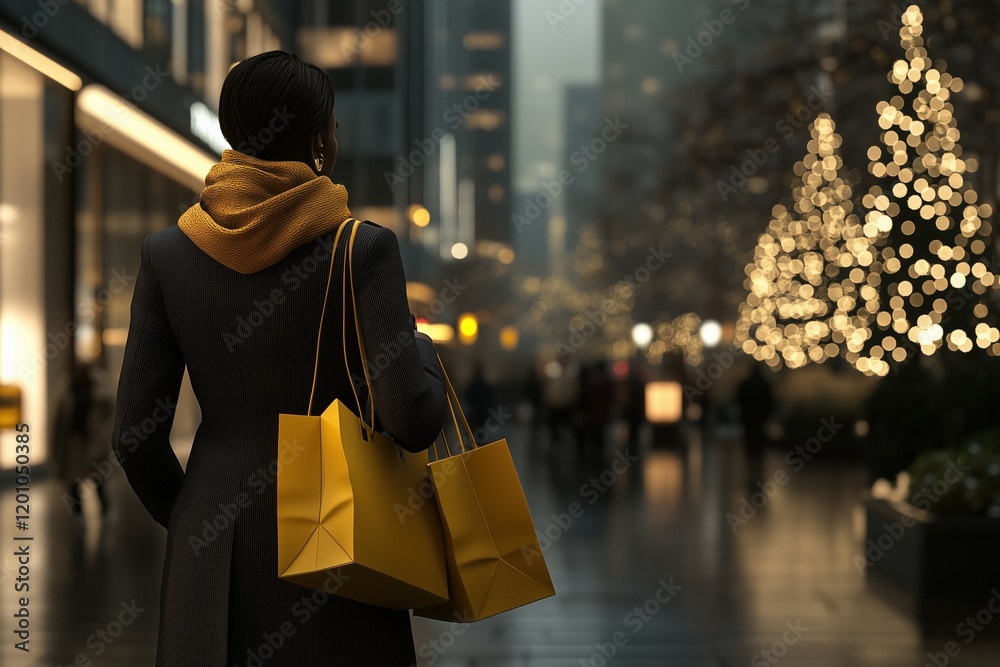 Wall mural Woman with shopping bags on a city street decorated with holiday lights during winter evening. Holiday shopping and urban lifestyle.