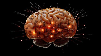 A human brain fused with a digital brain surrounded by a luminous web of circuits depicting the convergence of technological and human knowledge