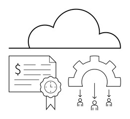 Cloud, certificate with a monetary symbol, gear, three arrows pointing to people. Ideal for cloud computing, digital certification, workflow, team management, online services business process