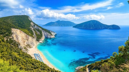 Fototapeta premium Karamitsi Beach from above, showcasing its turquoise waters and picturesque coastline.