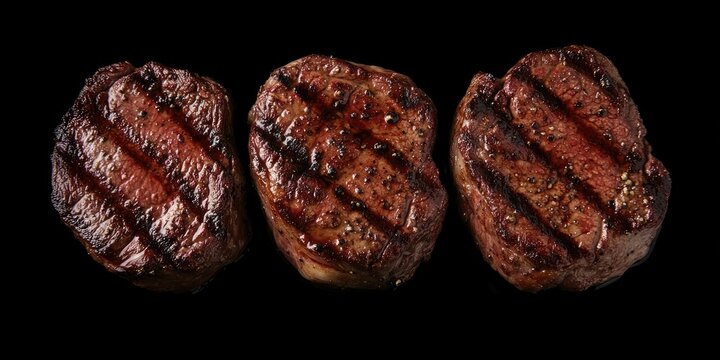 Grilled fillet mignon steaks on a black background showcasing rich brown tones with grill marks arranged in a row from top view