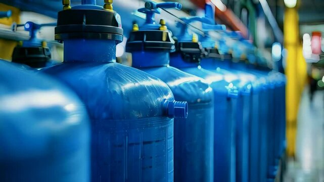 video of Several water softener filters are lined up in a row, part of a water treatment system for ecological purposes 