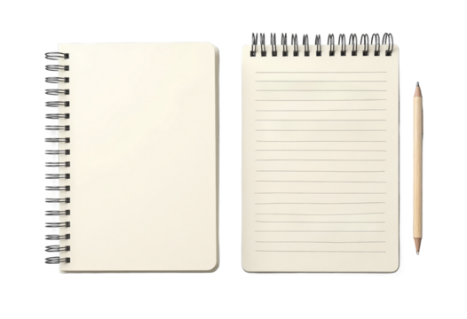 Two spiral notebooks and a pencil with transparent background