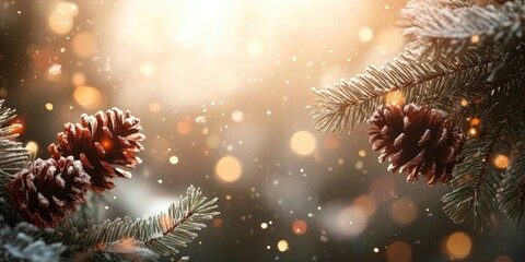 Elegant Christmas background with softly blurred pine cones and festive bokeh lights, warm golden tones, charming winter atmosphere, selective focus.