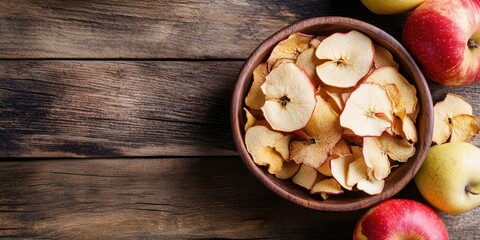 Bowl of sun-dried organic apple slices in brown wood on rustic table with fresh red and green apples to the right ample copy space available