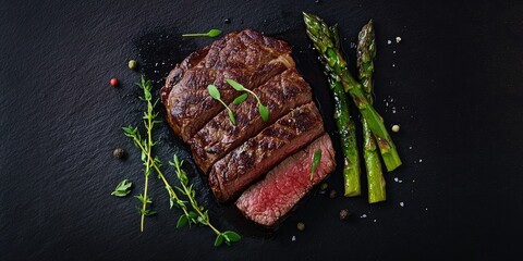 Grilled beef steak sliced with pink interior placed on dark slate alongside fresh asparagus and herbs on a black background top view