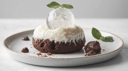 Chocolate Dessert with Cream and Ice Sphere Garnish on Plate