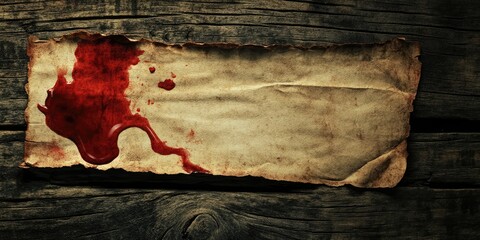 Closeup of a distressed wooden surface featuring a grim old note with a blood red stain on the left, creating a haunting Halloween theme.