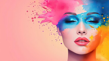 Confetti watercolor idea. A vibrant artistic portrait showcasing colorful face paint and modern makeup techniques.
