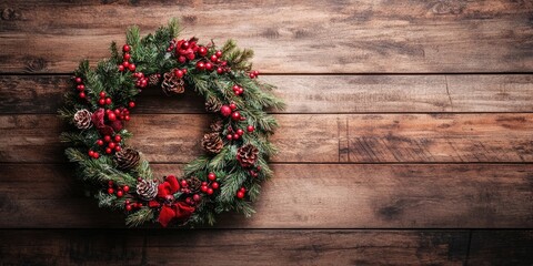 Rustic wooden backdrop featuring a festive green Christmas wreath adorned with red berries and pinecones prominently positioned on the left side