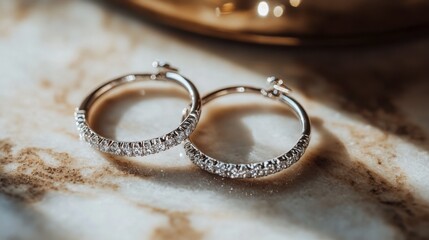 Modern hoop earrings adorned with diamonds, displayed on a marble surface, showcasing their sleek and elegant style.