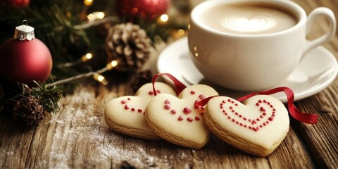 Heart shaped cookies with red decorations next to a steaming cup of coffee on a rustic wooden table with festive ornaments and pinecones