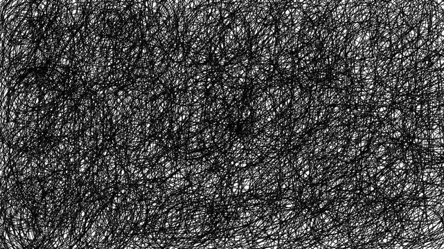 Chaotic black doodle scribbles on white background. Hand-drawn noise texture with retro looping animation in 4K. Abstract overlay for artistic projects and vintage design.