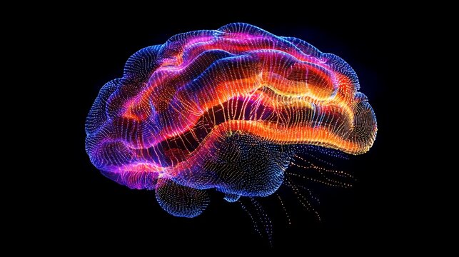 A glowing digital brain and human brain fused together forming a vibrant display of neural connections symbolizing the synergy of artificial intelligence and human thought