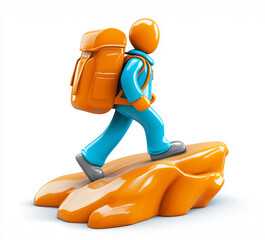 Hiker ascending a rocky path with vibrant orange backpack and blue outfit during an adventurous outdoor exploration