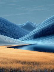 Rolling hills and golden grass dominate the serene landscape at twilight near a tranquil river in the valley