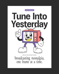 Retro-style poster featuring a vintage television mascot with charming details, ideal for nostalgic decor, retro-themed branding, and creative merchandise.