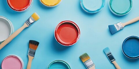House renovation essentials with paint cans and brushes on a light blue background arranged neatly in a top view perspective showcasing vibrant colors