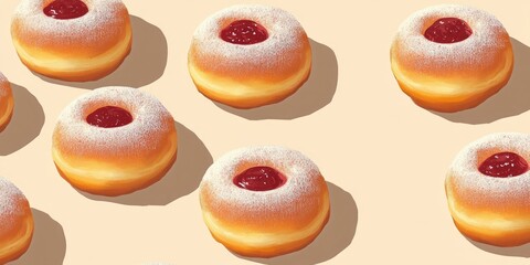 Sufganiyot donuts arranged on a beige background with red jam filling and powdered sugar, celebrating Hanukkah festivities in a vibrant display