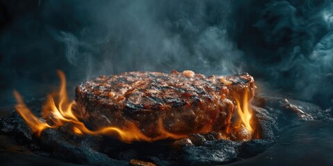 Grilled steak on a hot stone surrounded by vibrant flames and wisps of smoke creating a dramatic culinary scene in dark tones