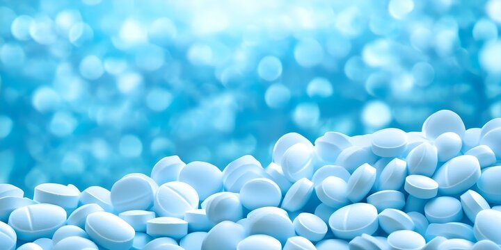 A pile of round, white tablets against a blurred blue background, creating a soft, dreamy effect. Concept Round White Tablets, Blurred Blue Background, Soft Dreamy Effect, Pharmacy Aesthetic
