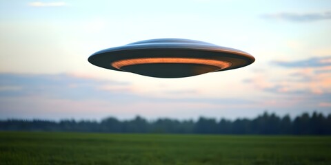 A flying saucer hovering above a green field with a sunset in the background. Concept Flying Saucer, Green Field, Sunset Background, Sci-Fi Scene, Nature and Technology