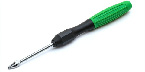 Fototapeta premium Green and black flat-head screwdriver positioned diagonally on a white background with a textured handle and shiny metal shaft, showcasing durability.