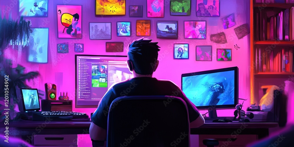Sticker internet concept with man on multiple devices and screens