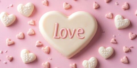 Fototapeta premium Heart-shaped white chocolate with pink lettering on a soft pink background surrounded by smaller white and pink chocolate hearts for Valentine's Day.