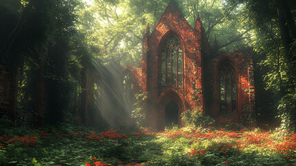 Sunlit Ruins Of An Ancient Brick Church In A Forest